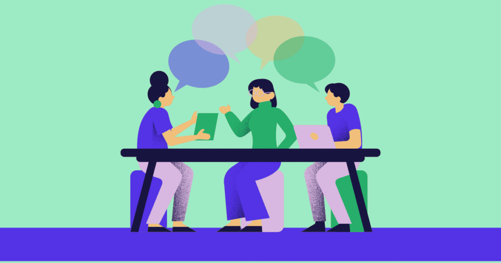 Illustration: Drei Menschen im Arbeitskontext an einem Tisch. Über ihnen Sprechblasen. 