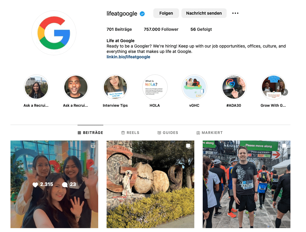 Google zeigt auf Instagram, wie die Arbeitsatmosphäre bei ihnen ist.