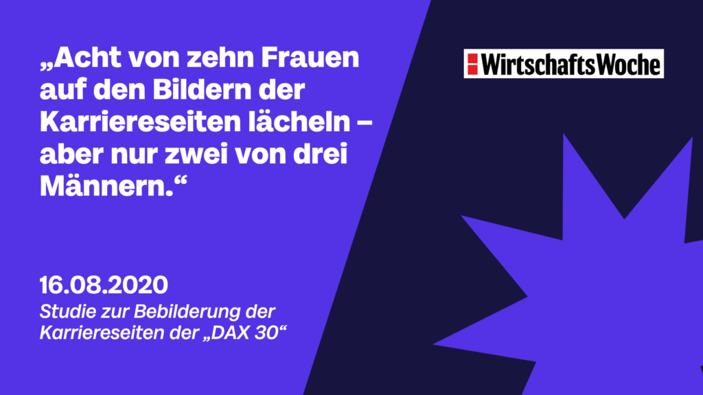 Lilafarbener Hintergrund mit dem Zitat: "Acht von zehn Frauen auf den Bildern der Karriereseiten lächeln, aber nur zwei von drei Männern." -Beitrag WirtschaftsWoche.