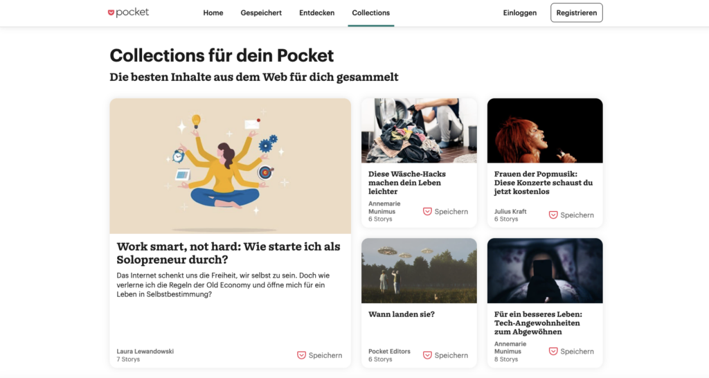 Website Pocket mit verschiedenen Features