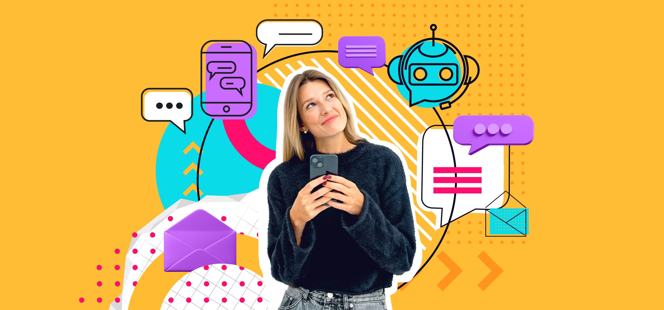 Smiling,Woman,Portrait,Using,Phone,,Ai,Chat,Bot,Doodle,Icons