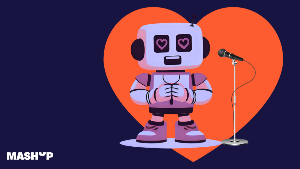 Symbolic image. A robot with heart eyes stands in front of a large heart with a microphone and explains how it falls in love with companies using GEO. 