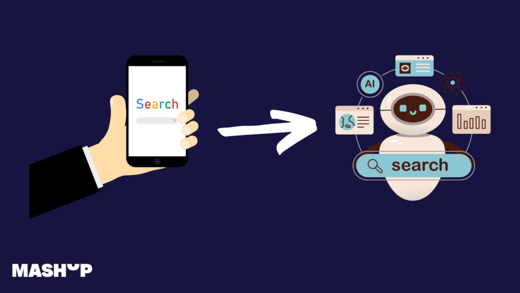 Graphic as a symbolic image. On the left is a smartphone with Google search open, an arrow points to the right, where a robot and a search bar symbolize the search via AI. GEO will be used to reach AI in the future. Graphic as a symbolic image. On the left is a smartphone with Google search open, an arrow points to the right, where a robot and a search bar symbolize the search via AI. GEO will be used to reach AI in the future.