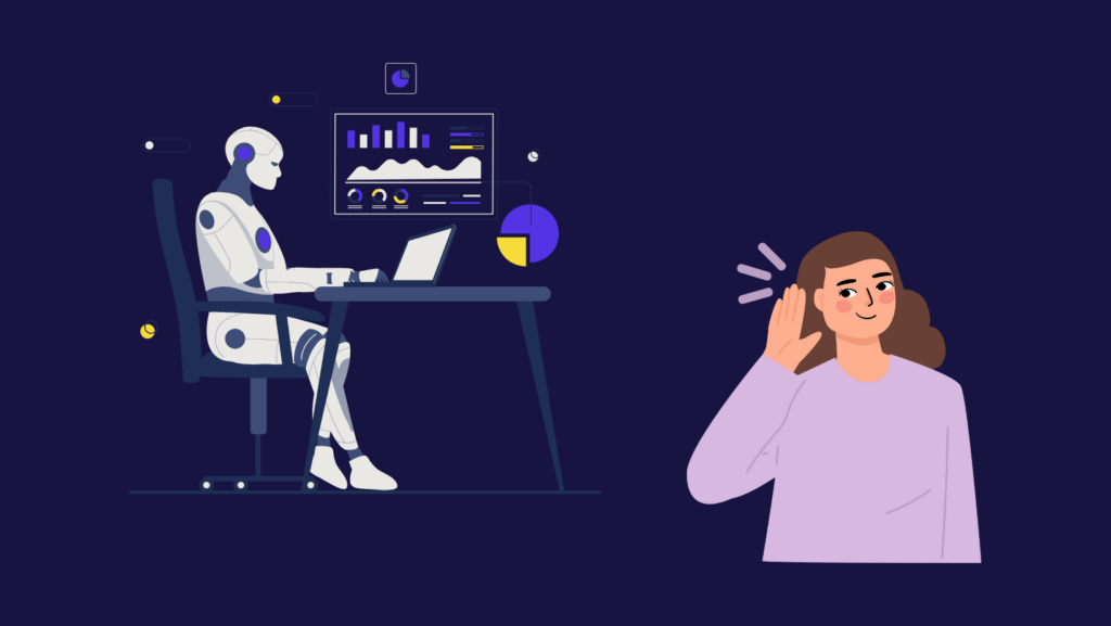 Wenn es um die EVP und strategische Vorgedanken geht, kann KI eine große Hilfe im Employer Branding sein. Symboldbild: Eine Frau hört einem arbeitenden Roboter zu.