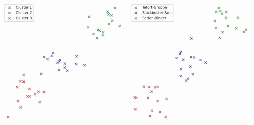 Comparison image of a cluster analysis. Image on the left: Clusters are only named with numbers. Image on the right: Clusters have names such as: Crime Scene Group or Series Binge Watchers.  