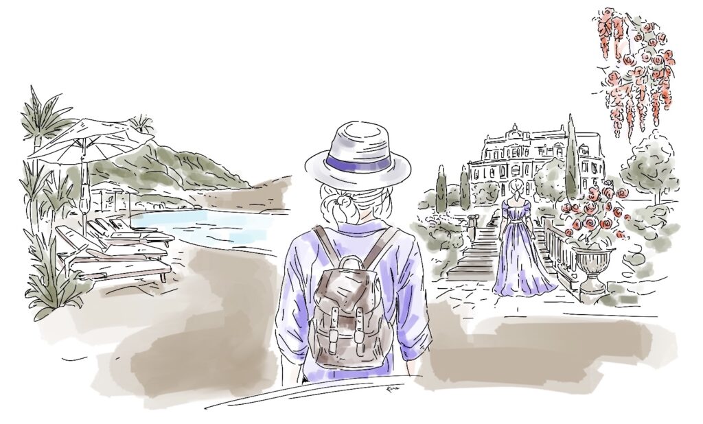 Illustration einer Frau mit Rucksack, die zwischen zwei Welten steht: links eine tropische Strandlandschaft mit Palmen und Resort als Anspielung auf The White Lotus, rechts ein elegantes Schloss mit Garten im Stil von Bridgerton, als Symbol für unterschiedliche Serienwelten im Set-Jetting Illustration einer Frau mit Rucksack, die zwischen zwei Welten steht: links eine tropische Strandlandschaft mit Palmen und Resort als Anspielung auf The White Lotus, rechts ein elegantes Schloss mit Garten im Stil von Bridgerton, als Symbol für unterschiedliche Serienwelten im Set-Jetting