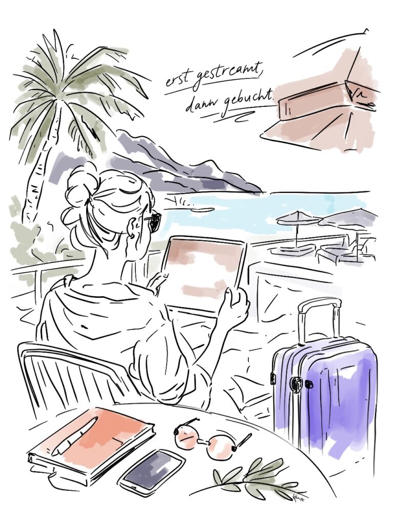 Minimalistische Illustration einer Frau am Strand mit Blick aufs Meer, darüber der Slogan „Erst gestreamt, dann gebucht“, als visuelle Darstellung des Set-Jetting-Trends, bei dem Serien und Filme Reiseentscheidungen beeinflussen Minimalistische Illustration einer Frau am Strand mit Blick aufs Meer, darüber der Slogan „Erst gestreamt, dann gebucht“, als visuelle Darstellung des Set-Jetting-Trends, bei dem Serien und Filme Reiseentscheidungen beeinflussen