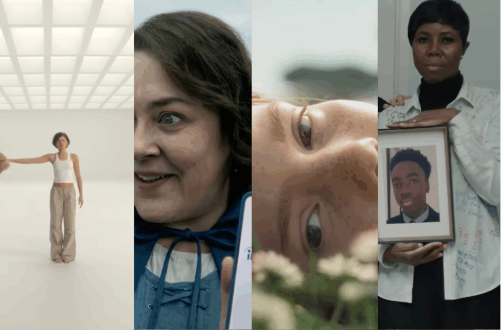 Collage mit Bildausschnitten aus vier Storytelling-Kampagnen von Missing People, ON x Zendaya, Pinterest und Indeed. Collage mit Bildausschnitten aus vier Storytelling-Kampagnen von Missing People, ON x Zendaya, Pinterest und Indeed.