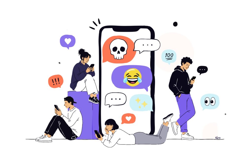 Aktuelles Bild: Illustration einer Person mit Smartphone, umgeben von Emojis, die Ton, Emotionen und Bedeutung in der digitalen Kommunikation vermitteln. Aktuelles Bild: Illustration einer Person mit Smartphone, umgeben von Emojis, die Ton, Emotionen und Bedeutung in der digitalen Kommunikation vermitteln.