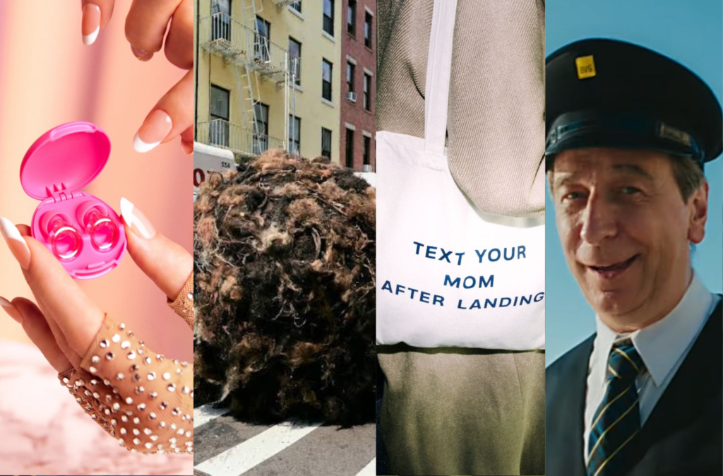 Collage mit Motiven der vier Kampagnen-Highlights im August: BVG, Lufthansa, Paris Hilton für Loop und K18 mit einem überdimensionalen Haarball.