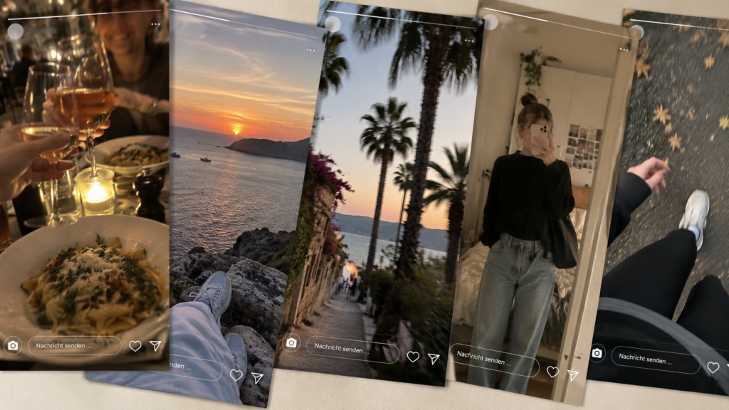 Fünf Fotos mit Momentaufnahmen vom Restaurantbesuch, Sonnenuntergang, einem unscharfen Landschaftsbild, einem Spiegelselfie und einem unscharfen Bild beim Sport sind als Instagram Stories dargestellt.